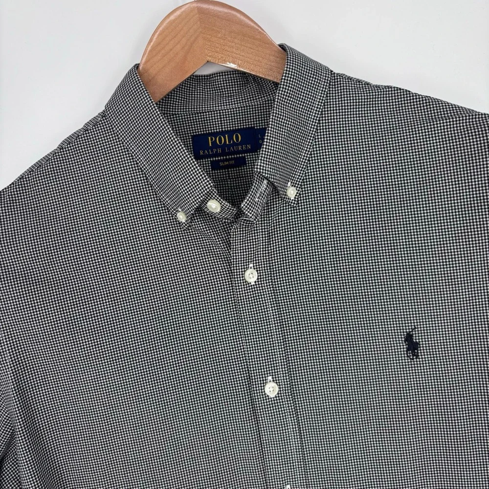 Polo Ralph Lauren Gingham Check Button Down Shirt Mens L Slim Fit Black Preppy